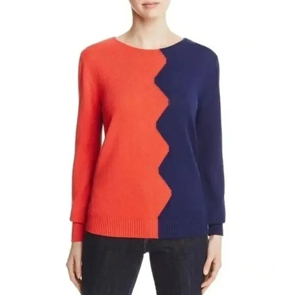 Tory Burch Sweater Womens L Red Orange Blue Colorblock Cotton Blend Pull Over